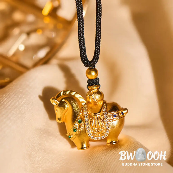 Buddha Stones Year Of The Horse 24k Gold Plated Brass Rope Cord Necklace Pendant - BWOOOH - Necklaces &amp; Pendants