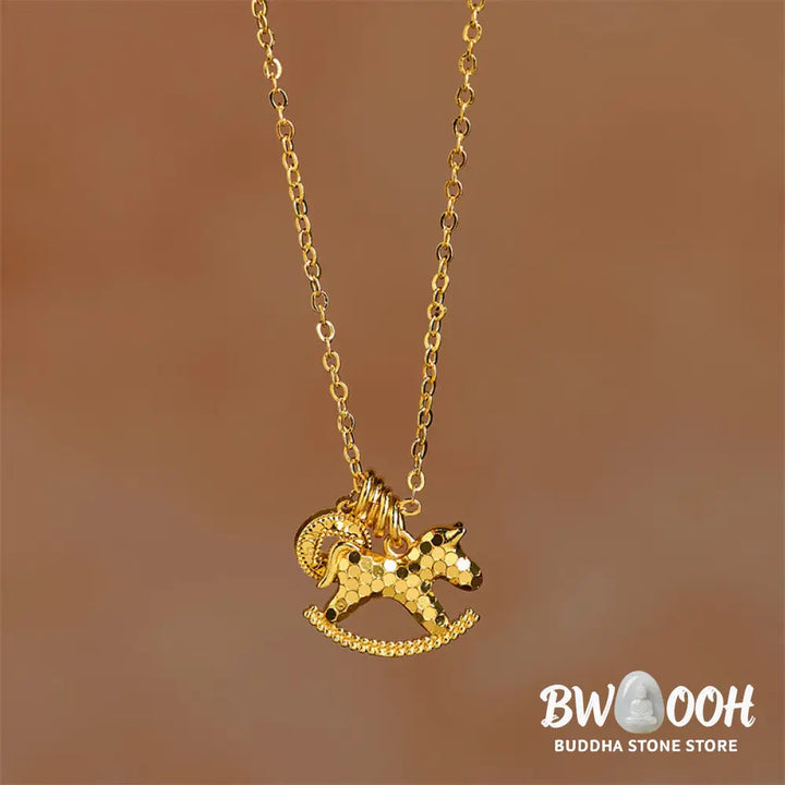 Buddha Stones Year Of The Horse 24k Gold Plated Copper Coin Necklace Pendant - BWOOOH - Copper Rocking Horse