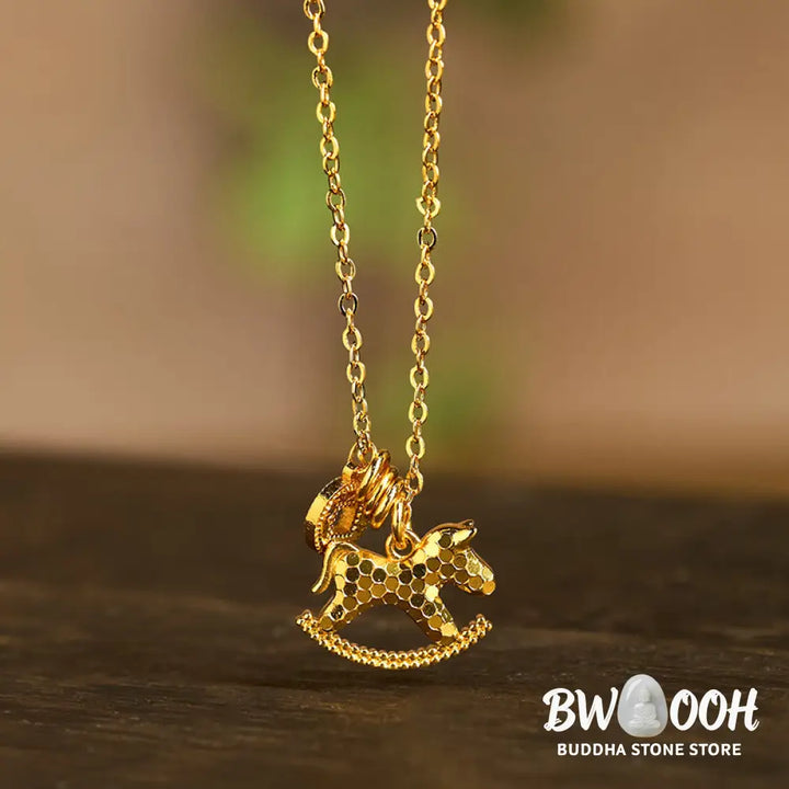 Buddha Stones Year Of The Horse 24k Gold Plated Copper Coin Necklace Pendant - BWOOOH - Copper Rocking Horse