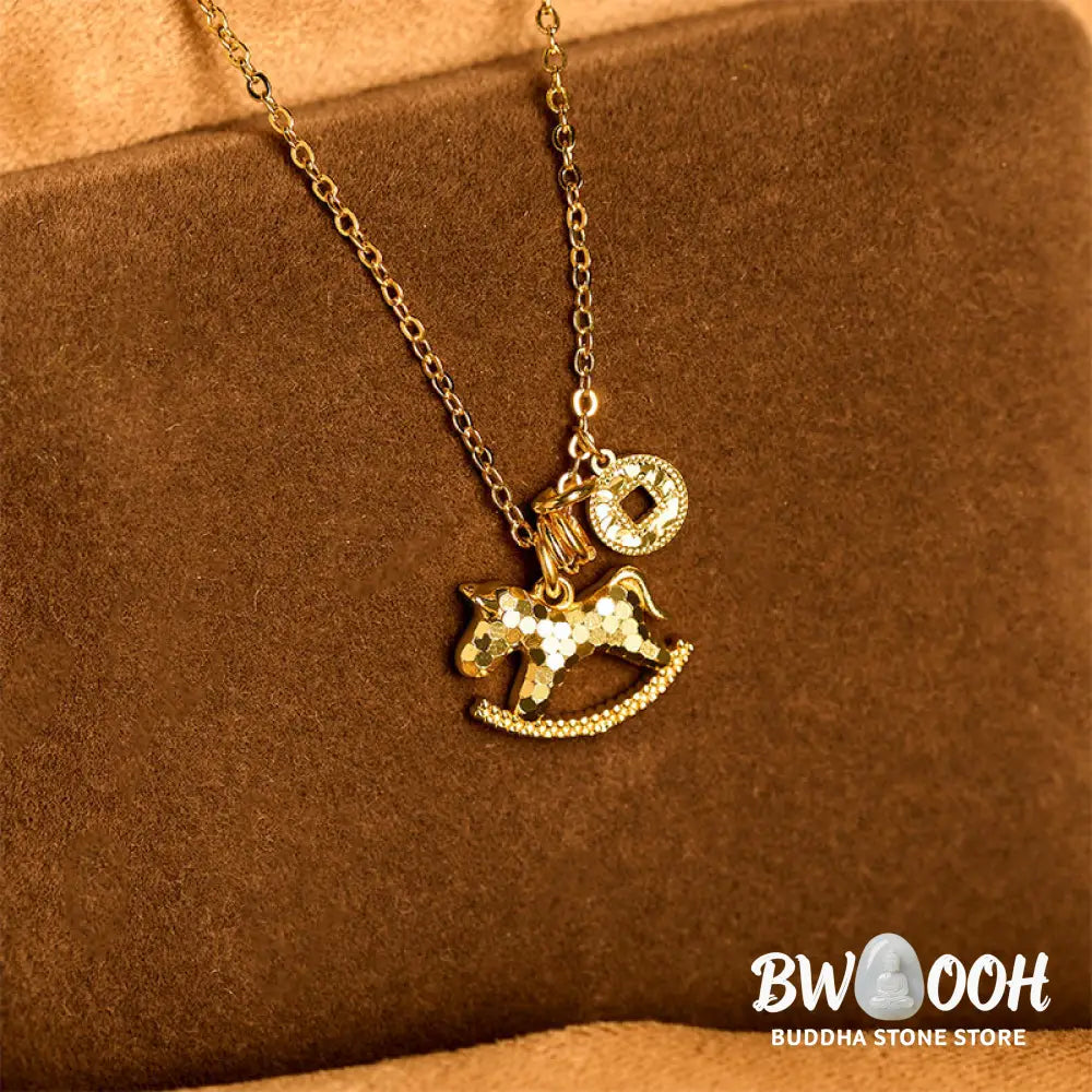 Buddha Stones Year Of The Horse 24k Gold Plated Copper Coin Necklace Pendant - BWOOOH - Copper Rocking Horse