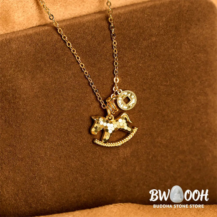 Buddha Stones Year Of The Horse 24k Gold Plated Copper Coin Necklace Pendant - BWOOOH - Copper Rocking Horse