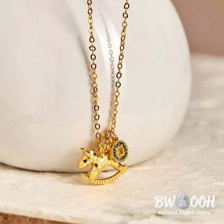 Buddha Stones Year Of The Horse 24k Gold Plated Copper Coin Necklace Pendant - BWOOOH - Copper Rocking Horse