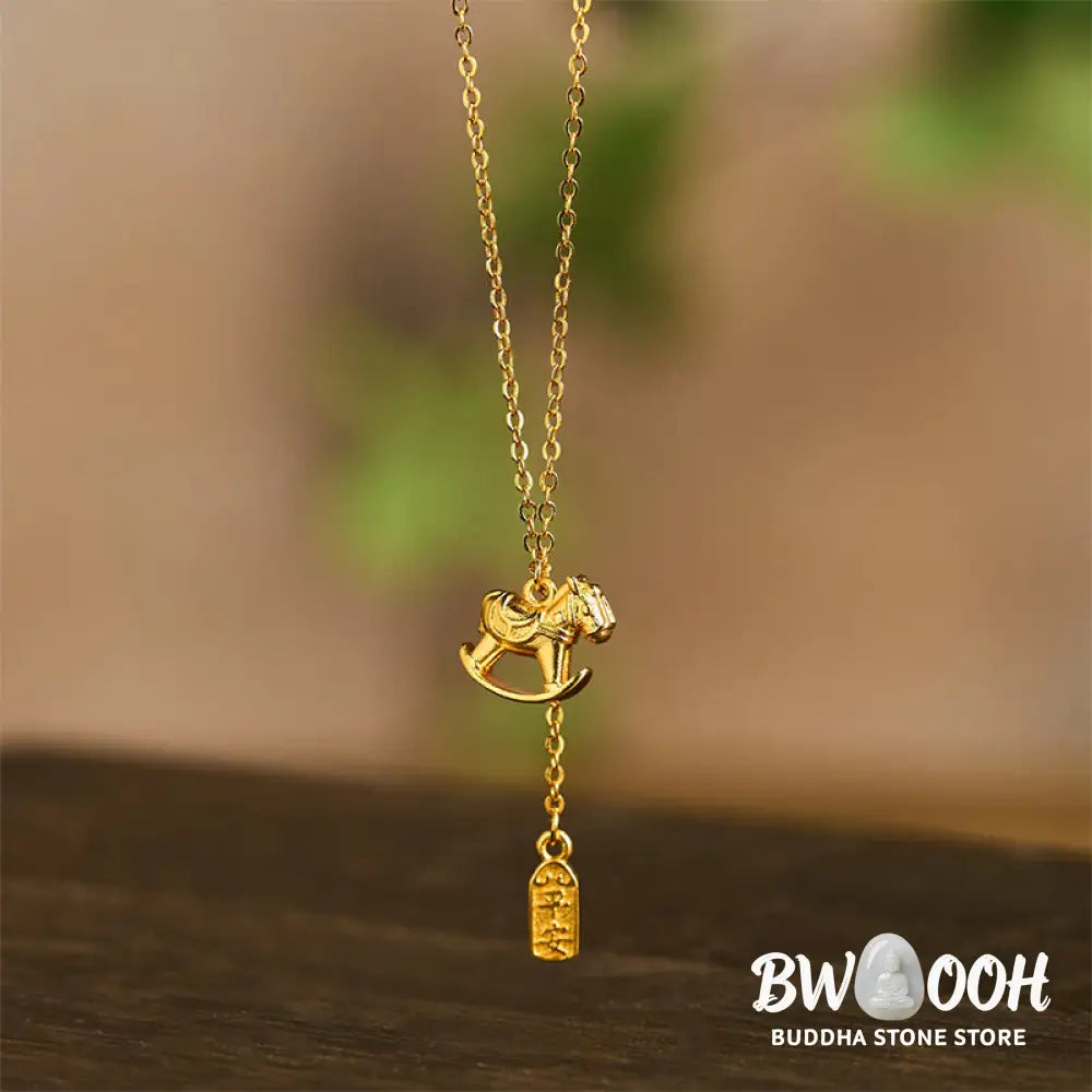 Buddha Stones Year Of The Horse 24k Gold Plated Copper Peaceful Necklace Pendant - BWOOOH - Copper Rocking Horse