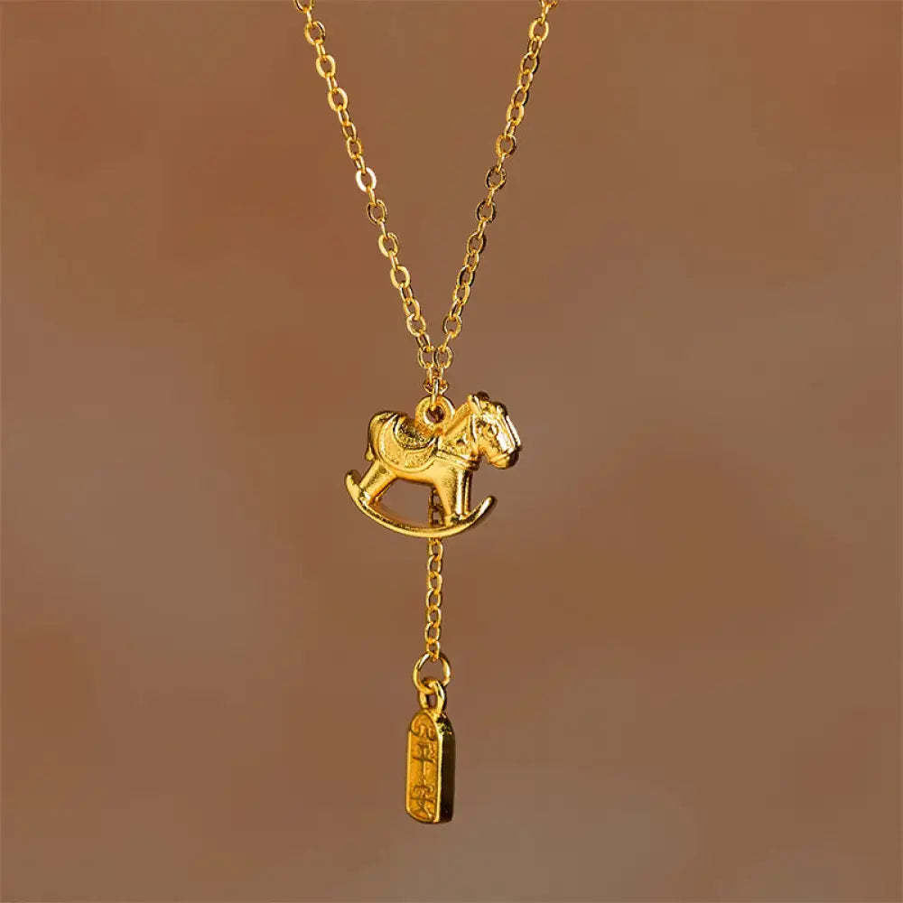 Buddha Stones Year Of The Horse 24k Gold Plated Copper Peaceful Necklace Pendant - BWOOOH - Copper Rocking Horse