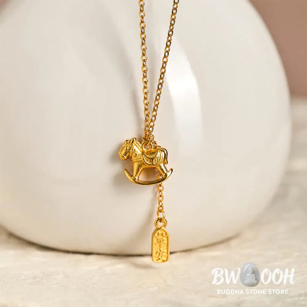 Buddha Stones Year Of The Horse 24k Gold Plated Copper Peaceful Necklace Pendant - BWOOOH - Copper Rocking Horse