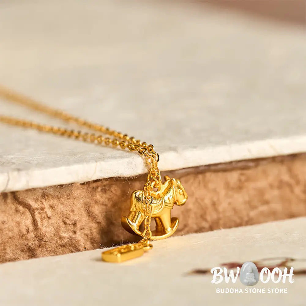 Buddha Stones Year Of The Horse 24k Gold Plated Copper Peaceful Necklace Pendant - BWOOOH - Copper Rocking Horse