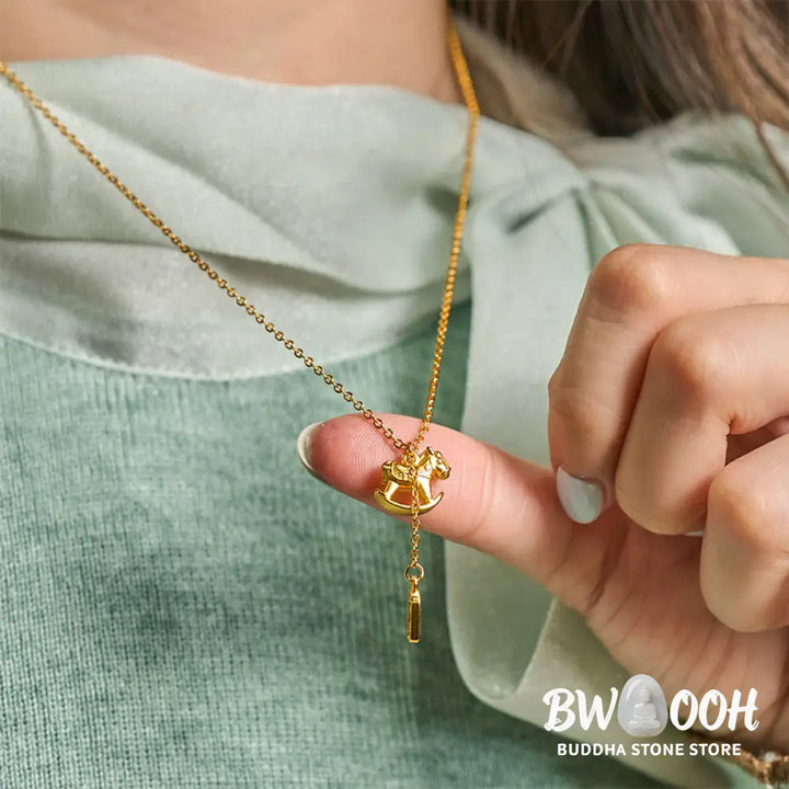 Buddha Stones Year Of The Horse 24k Gold Plated Copper Peaceful Necklace Pendant - BWOOOH - Copper Rocking Horse