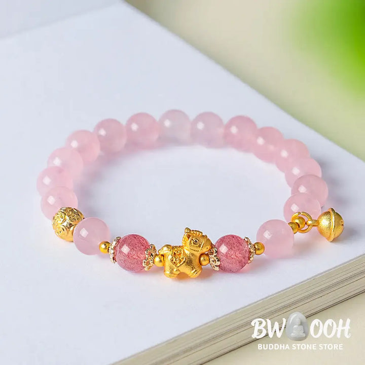 Buddha Stones Year Of The Horse 8mm Citrine Pink Crystal Strawberry Quartz Protection Bracelet - Bracelet