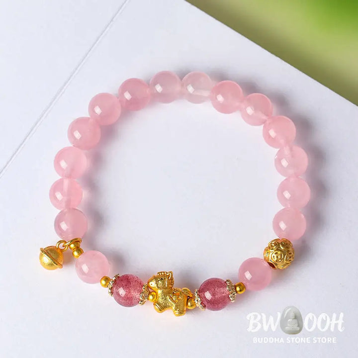 Buddha Stones Year Of The Horse 8mm Citrine Pink Crystal Strawberry Quartz Protection Bracelet - Bracelet