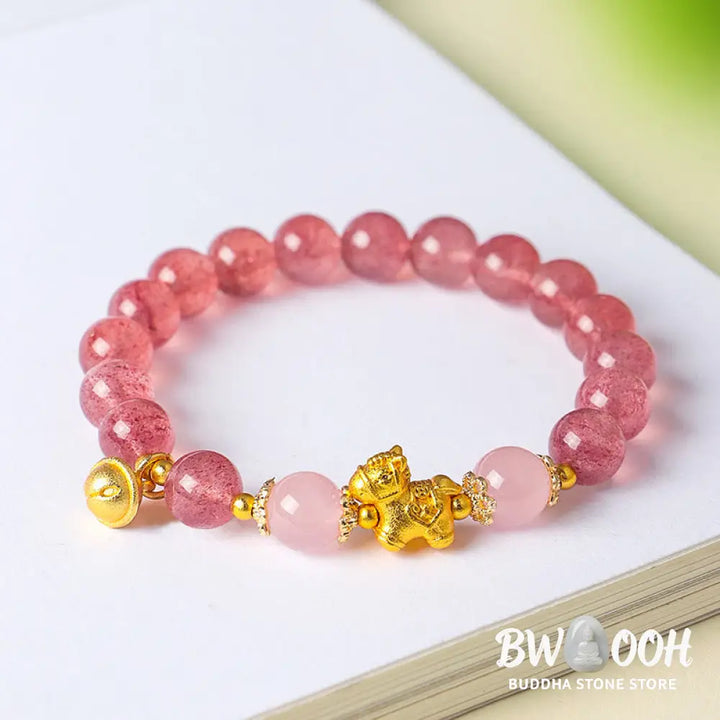 Buddha Stones Year Of The Horse 8mm Citrine Pink Crystal Strawberry Quartz Protection Bracelet - Bracelet