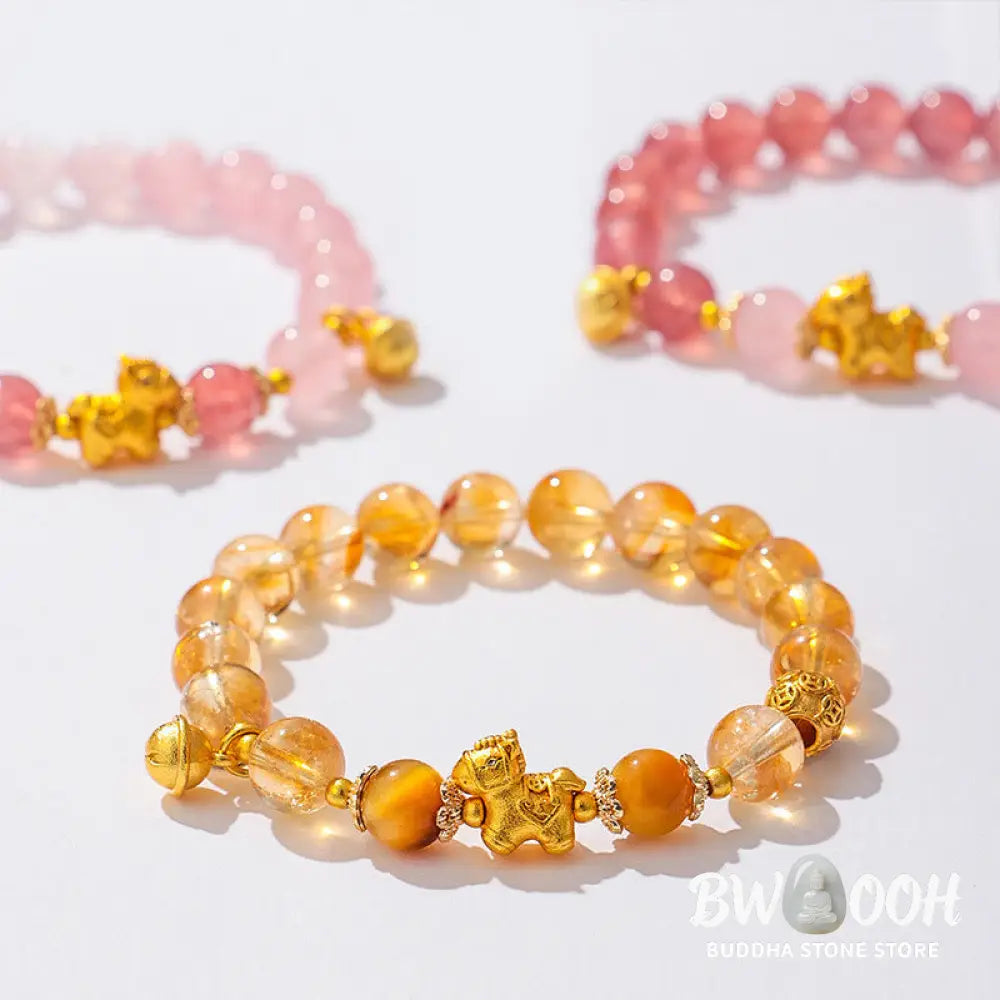 Buddha Stones Year Of The Horse 8mm Citrine Pink Crystal Strawberry Quartz Protection Bracelet - Bracelet