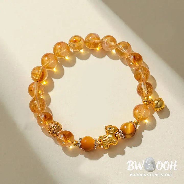 Buddha Stones Year Of The Horse 8mm Citrine Pink Crystal Strawberry Quartz Protection Bracelet - Bracelet