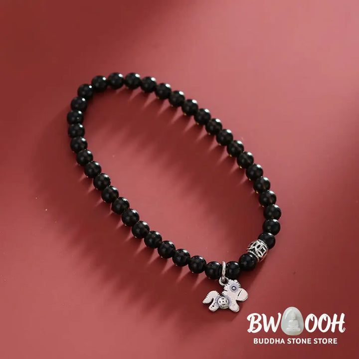Buddha Stones Year Of The Horse 925 Sterling Silver Natural Black Obsidian Strength Bracelet - Bracelet