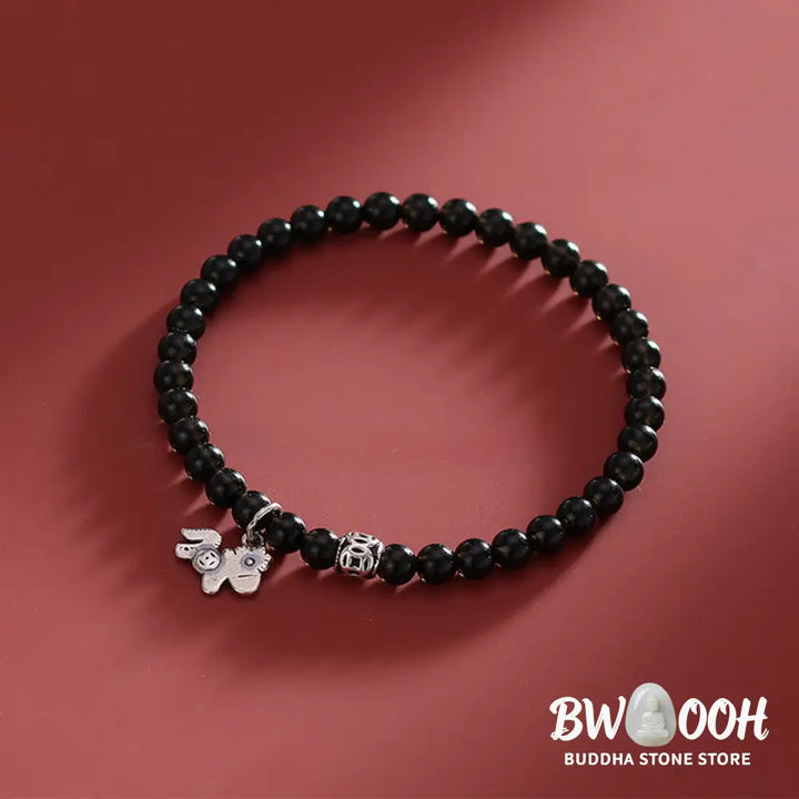 Buddha Stones Year Of The Horse 925 Sterling Silver Natural Black Obsidian Strength Bracelet - Bracelet