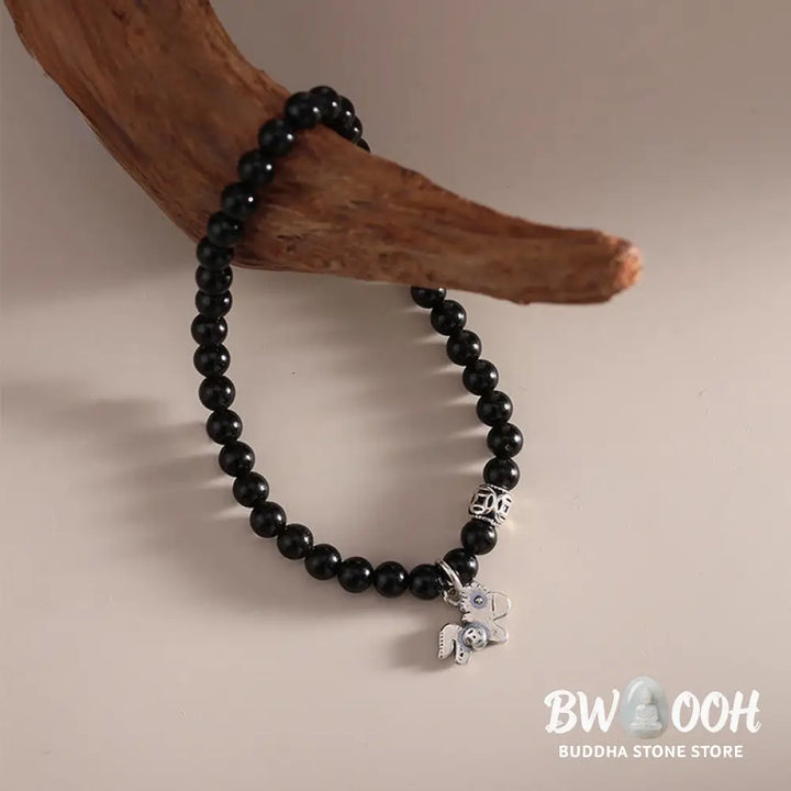 Buddha Stones Year Of The Horse 925 Sterling Silver Natural Black Obsidian Strength Bracelet - Bracelet