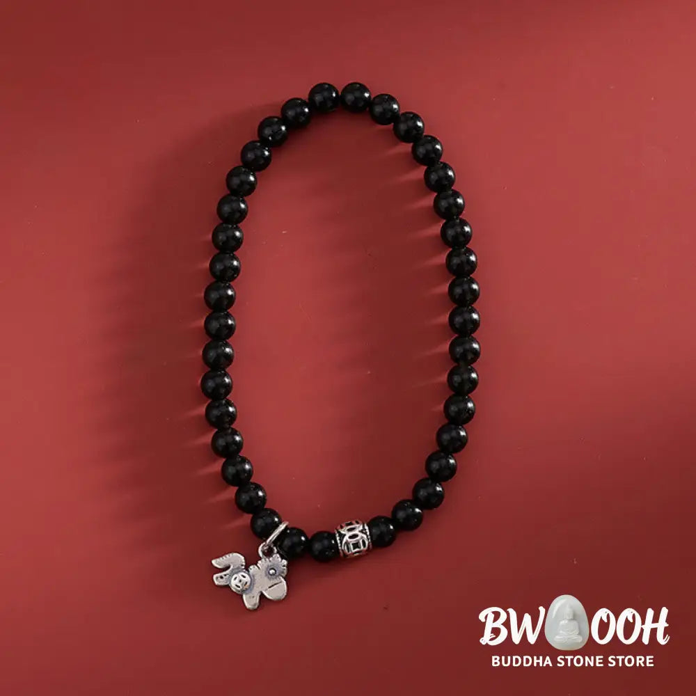 Buddha Stones Year Of The Horse 925 Sterling Silver Natural Black Obsidian Strength Bracelet - Bracelet