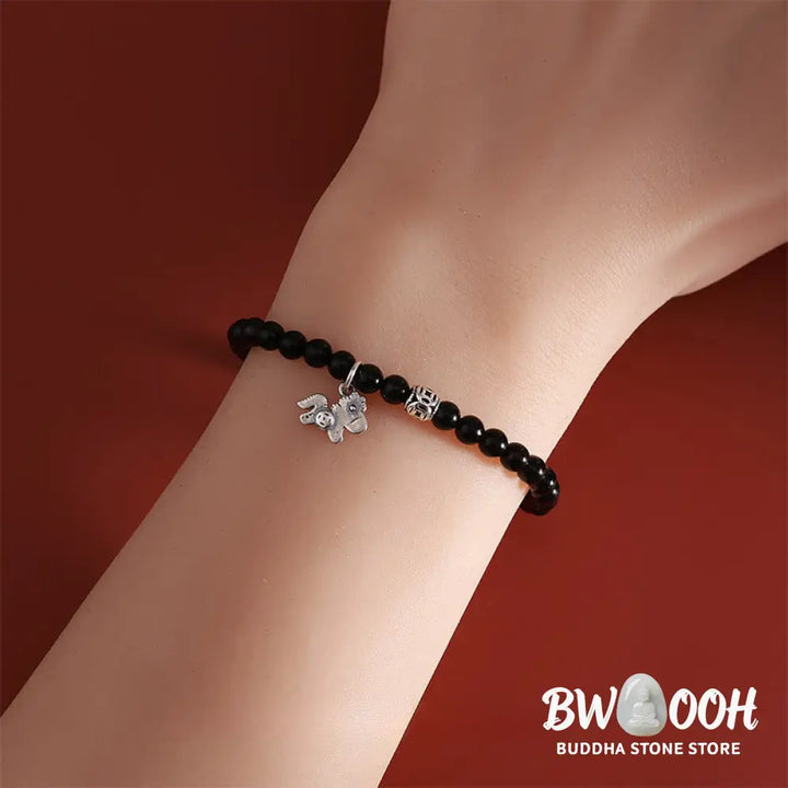 Buddha Stones Year Of The Horse 925 Sterling Silver Natural Black Obsidian Strength Bracelet - Bracelet