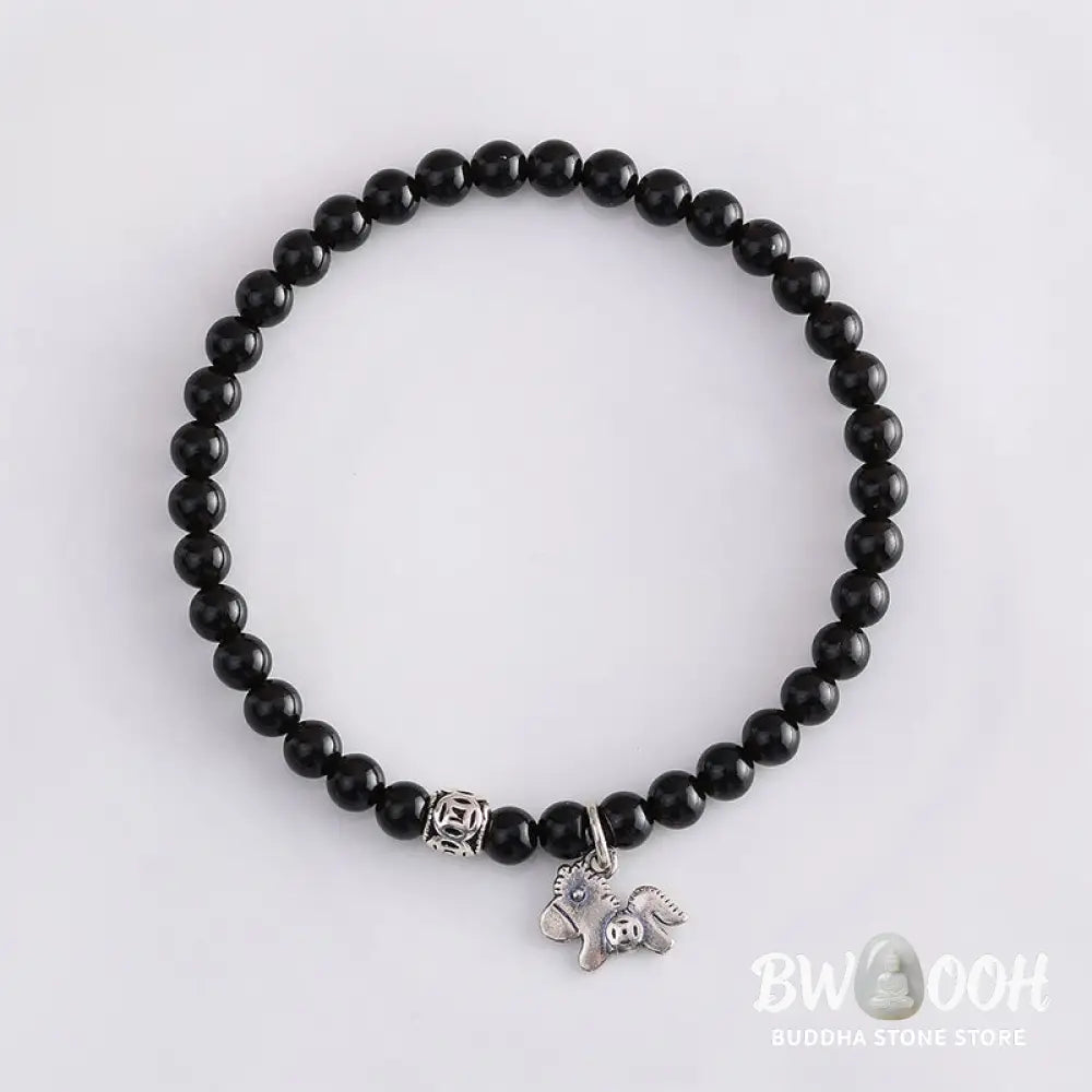Buddha Stones Year Of The Horse 925 Sterling Silver Natural Black Obsidian Strength Bracelet - Bracelet