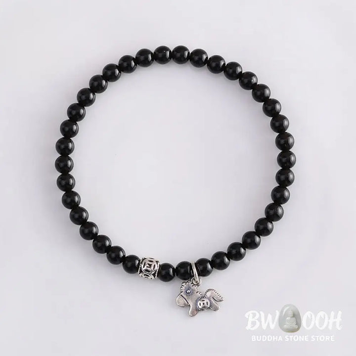 Buddha Stones Year Of The Horse 925 Sterling Silver Natural Black Obsidian Strength Bracelet - Bracelet
