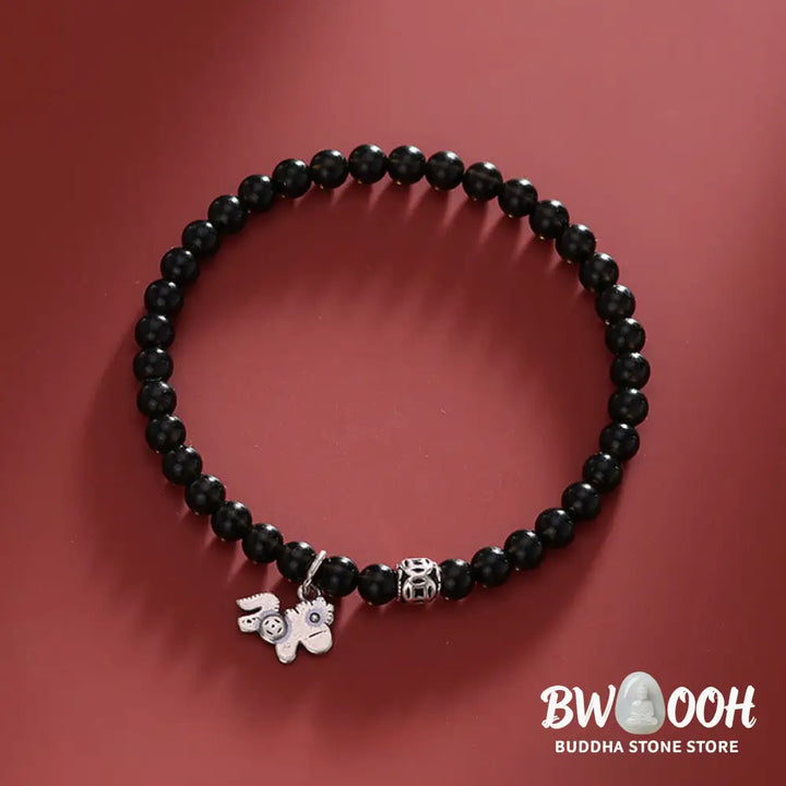Buddha Stones Year Of The Horse 925 Sterling Silver Natural Black Obsidian Strength Bracelet - Bracelet