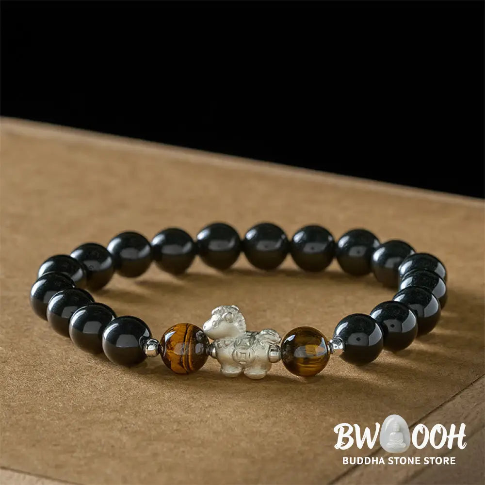 Buddha Stones Year Of The Horse 999 Sterling Silver Horse Charm Black Obsidian Tiger Eye Strength Bracelet - Bracelet