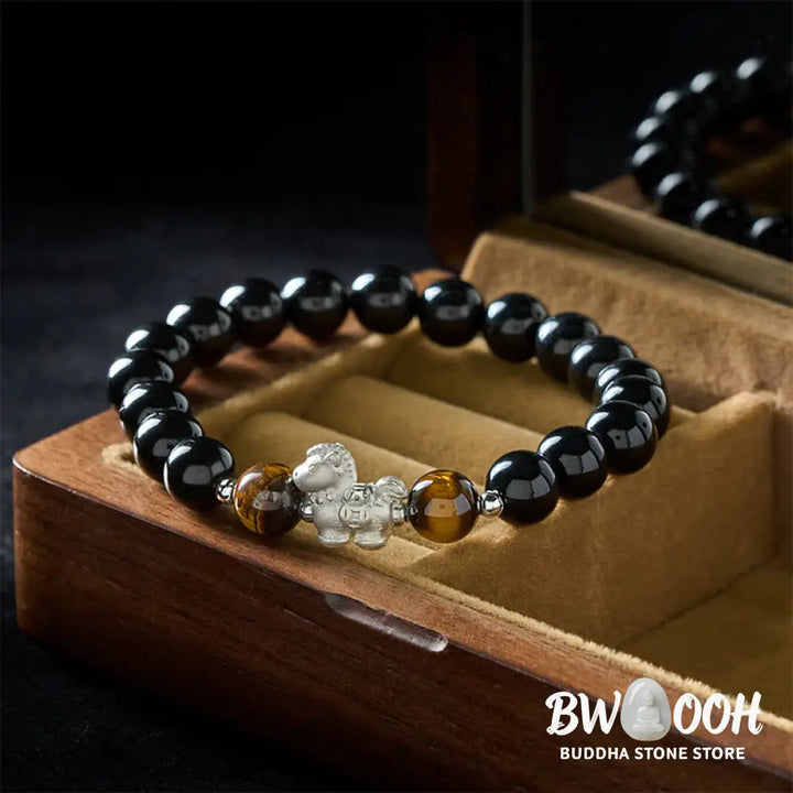 Buddha Stones Year Of The Horse 999 Sterling Silver Horse Charm Black Obsidian Tiger Eye Strength Bracelet - Bracelet