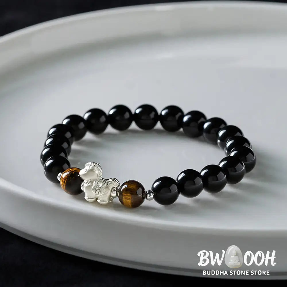 Buddha Stones Year Of The Horse 999 Sterling Silver Horse Charm Black Obsidian Tiger Eye Strength Bracelet - Bracelet