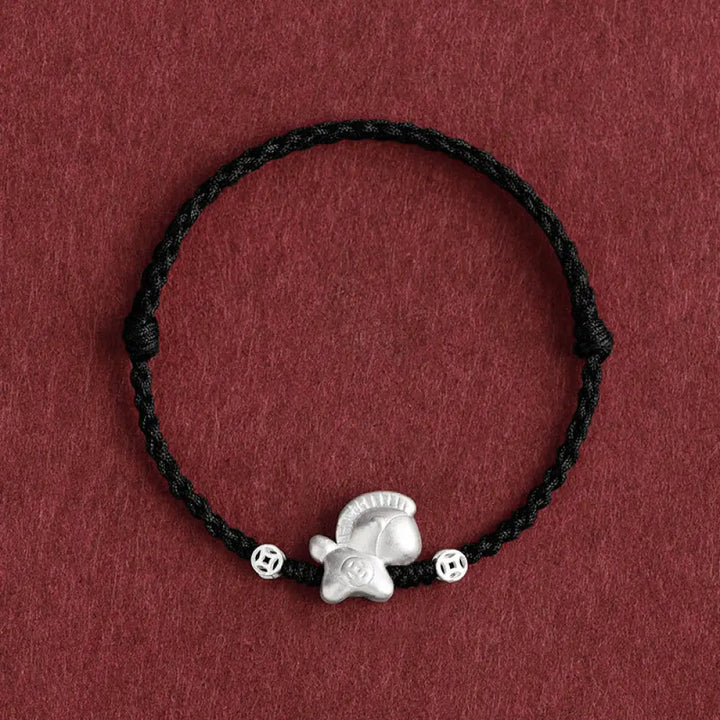 Buddha Stones Year of the Horse 999 Sterling Silver Copper Coins Luck Rope Braided Bracelet Anklet - Black