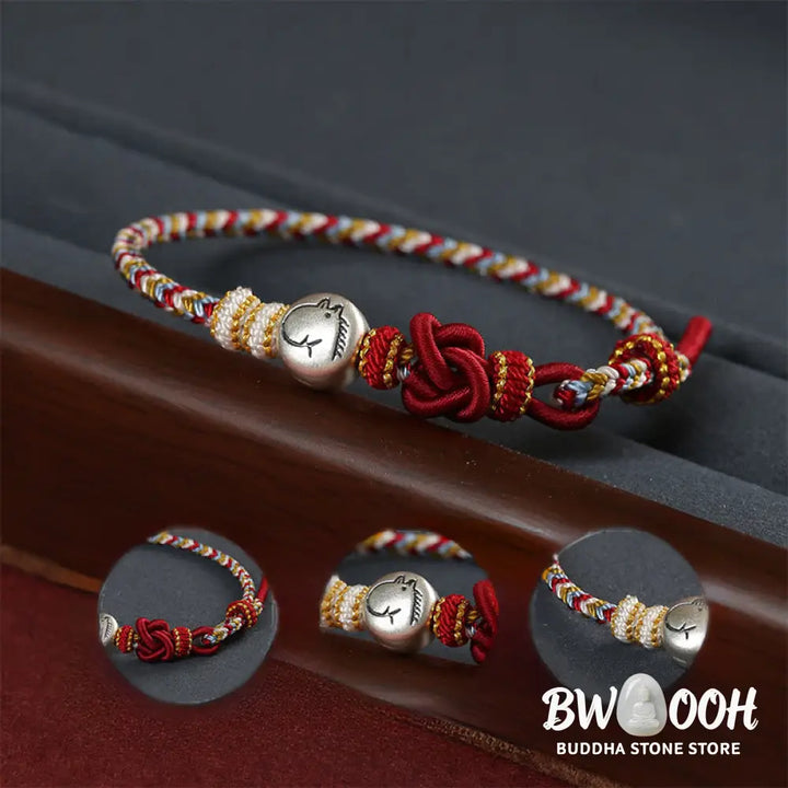 Buddha Stones Year of the Horse 999 Sterling Silver Dunhuang Color String Braided Luck Bracelet - Horse(Wrist