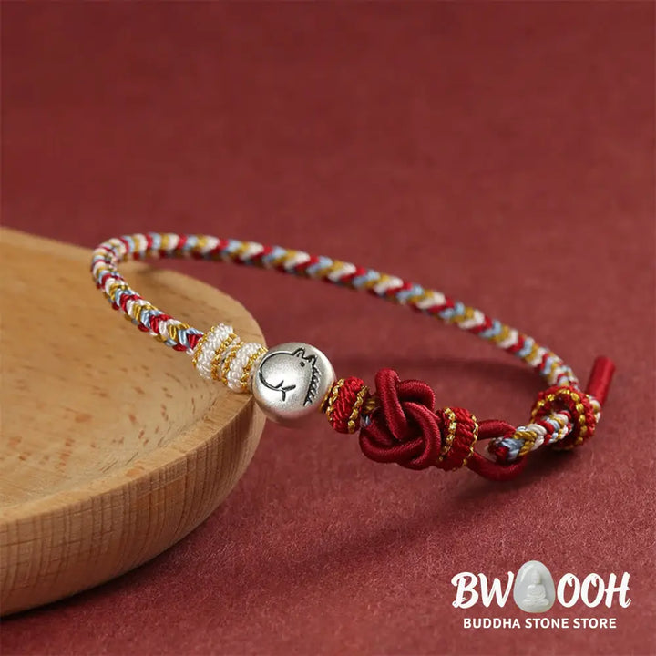 Buddha Stones Year of the Horse 999 Sterling Silver Dunhuang Color String Braided Luck Bracelet - Horse(Wrist