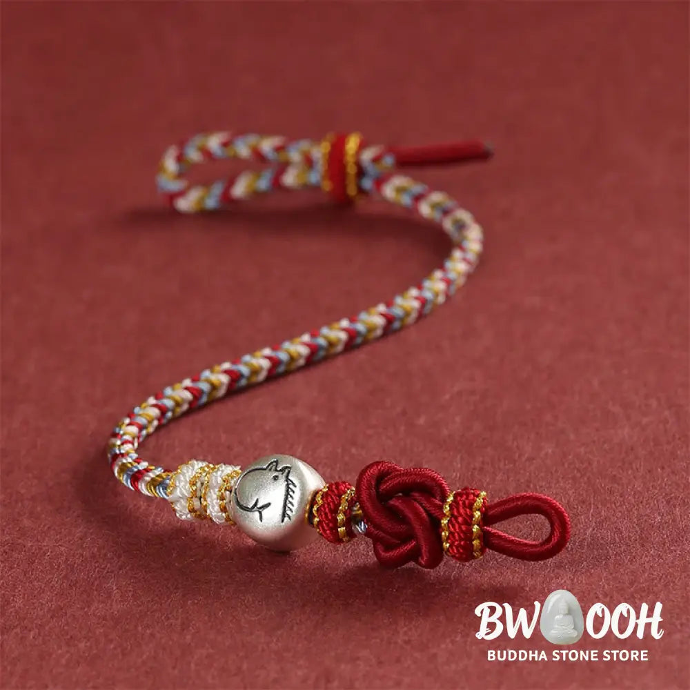 Buddha Stones Year of the Horse 999 Sterling Silver Dunhuang Color String Braided Luck Bracelet - Horse(Wrist