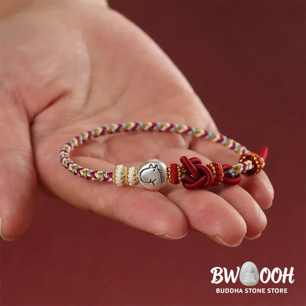 Buddha Stones Year of the Horse 999 Sterling Silver Dunhuang Color String Braided Luck Bracelet - Horse(Wrist