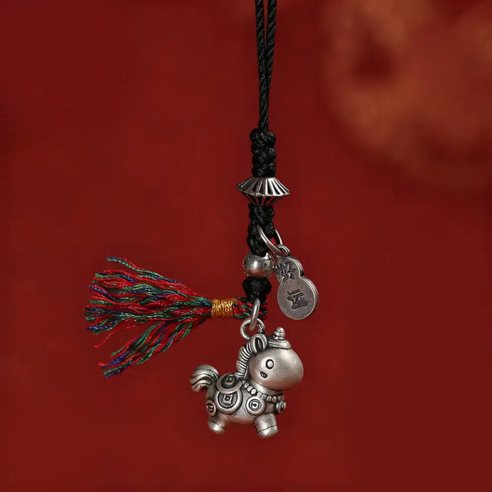 Buddha Stones Year of the Horse 999 Sterling Silver Good Luck Copper Coins Phone Hanging Decoration - Black - Phone