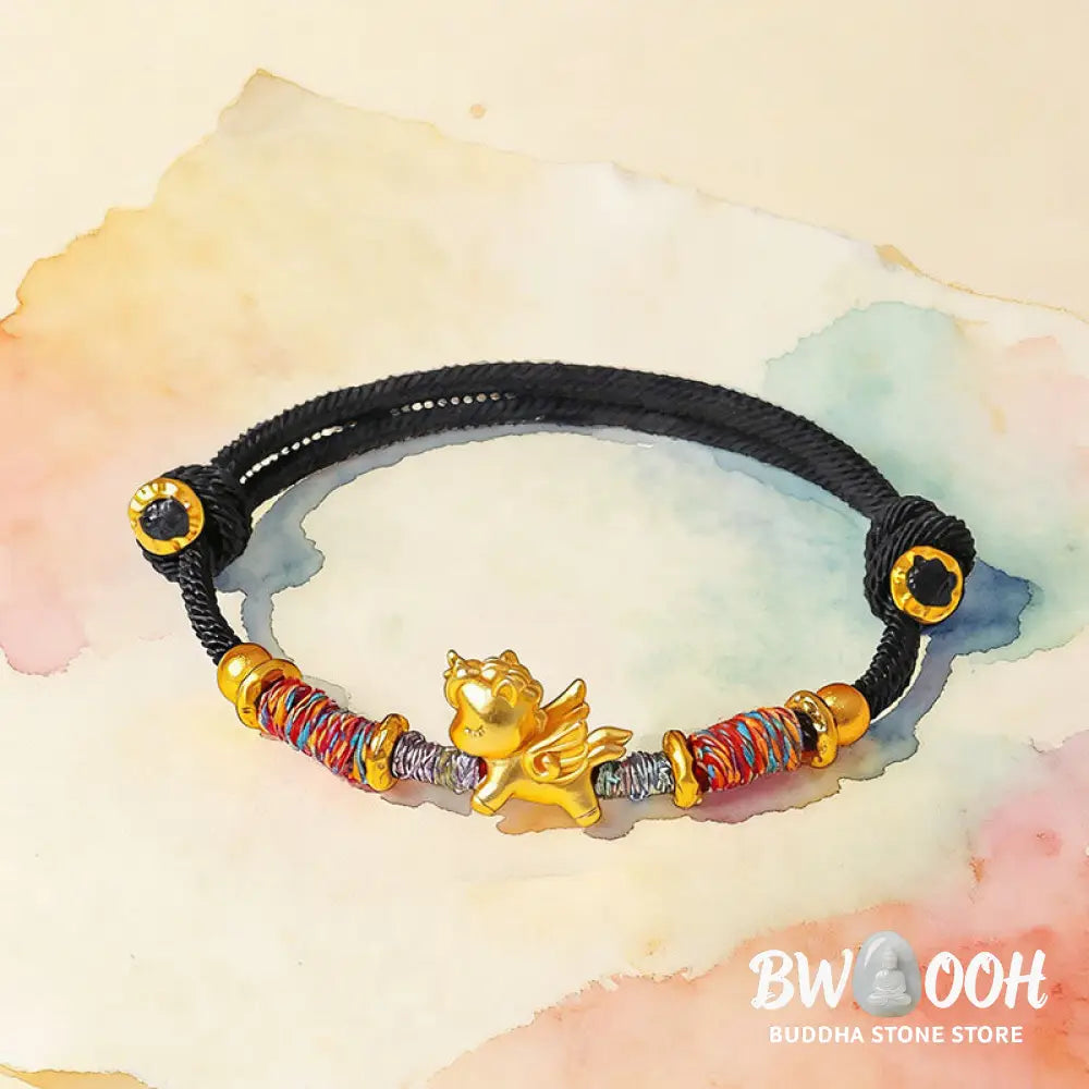 Buddha Stones Year of the Horse 999 Sterling Silver Plated Gold Braided String Rope Protection Bracelet - Bracelet