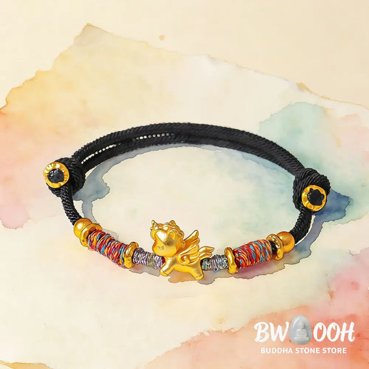 Buddha Stones Year of the Horse 999 Sterling Silver Plated Gold Braided String Rope Protection Bracelet - Bracelet