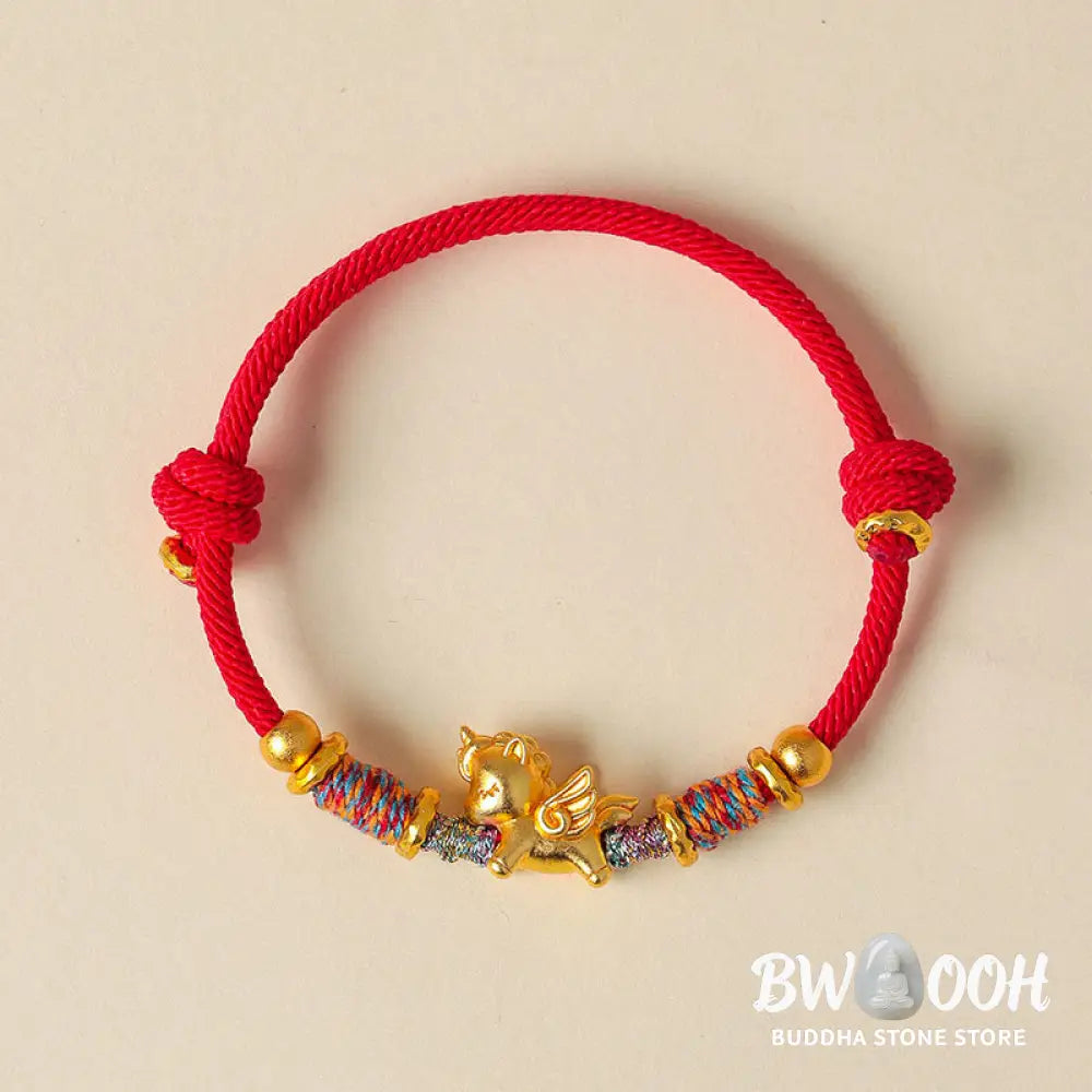 Buddha Stones Year of the Horse 999 Sterling Silver Plated Gold Braided String Rope Protection Bracelet - Bracelet