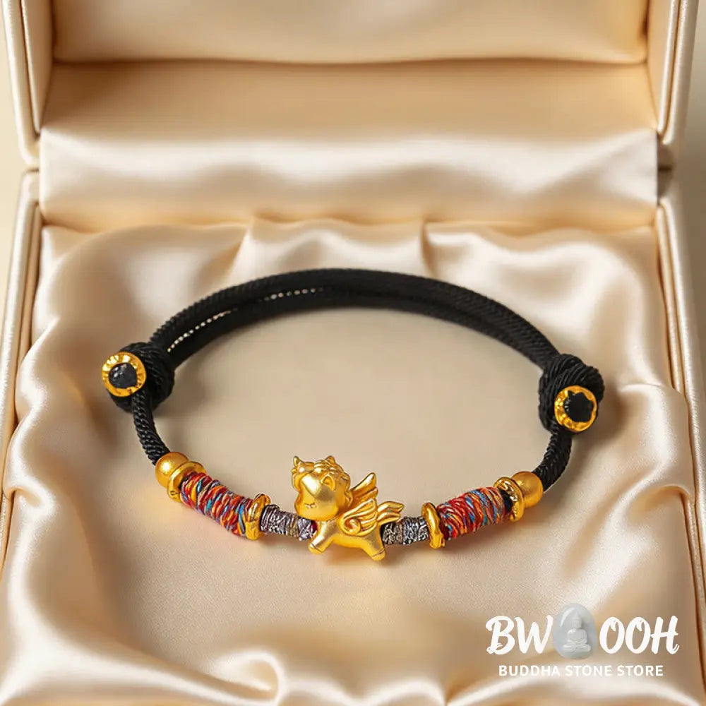 Buddha Stones Year of the Horse 999 Sterling Silver Plated Gold Braided String Rope Protection Bracelet - Bracelet