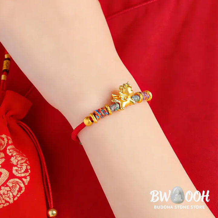 Buddha Stones Year of the Horse 999 Sterling Silver Plated Gold Braided String Rope Protection Bracelet - Bracelet