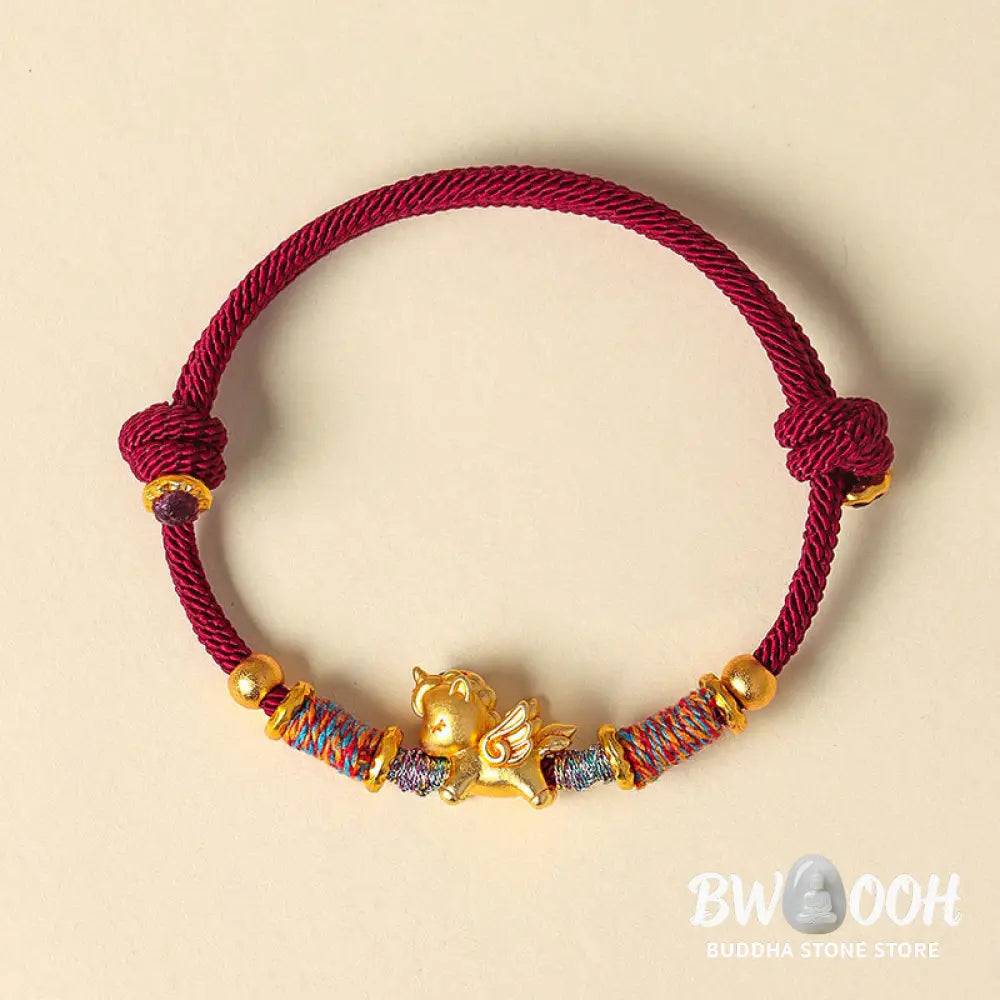 Buddha Stones Year of the Horse 999 Sterling Silver Plated Gold Braided String Rope Protection Bracelet - Bracelet