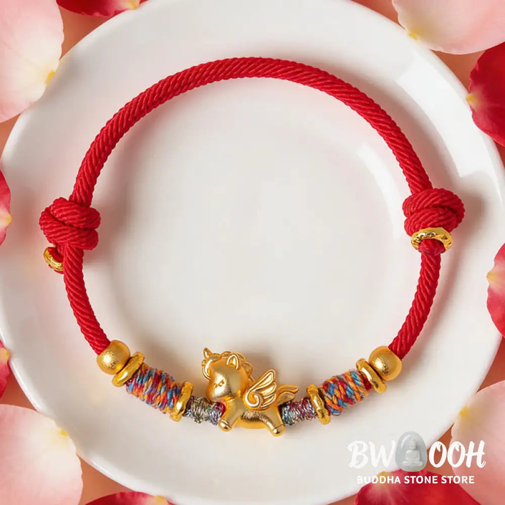 Buddha Stones Year of the Horse 999 Sterling Silver Plated Gold Braided String Rope Protection Bracelet - Bracelet