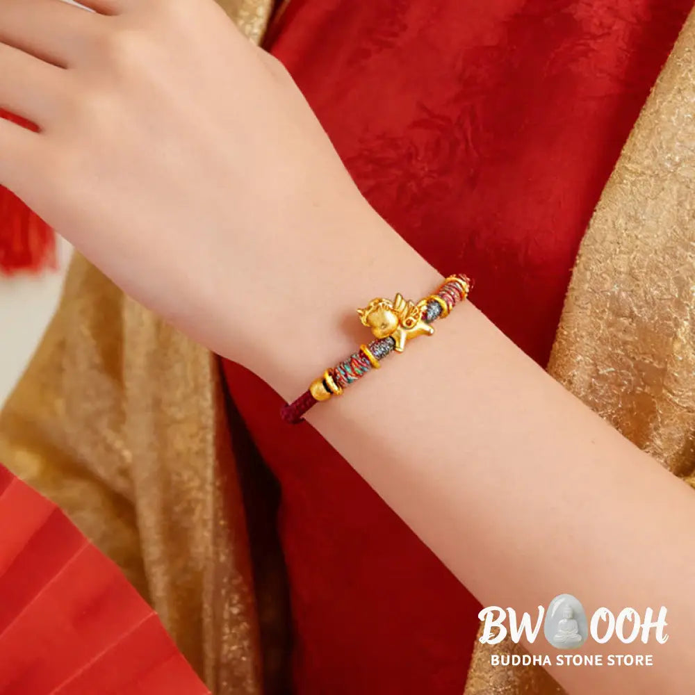 Buddha Stones Year of the Horse 999 Sterling Silver Plated Gold Braided String Rope Protection Bracelet - Bracelet