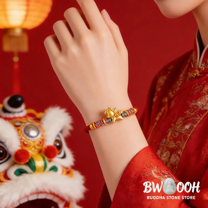 Buddha Stones Year of the Horse 999 Sterling Silver Plated Gold Braided String Rope Protection Bracelet - Bracelet