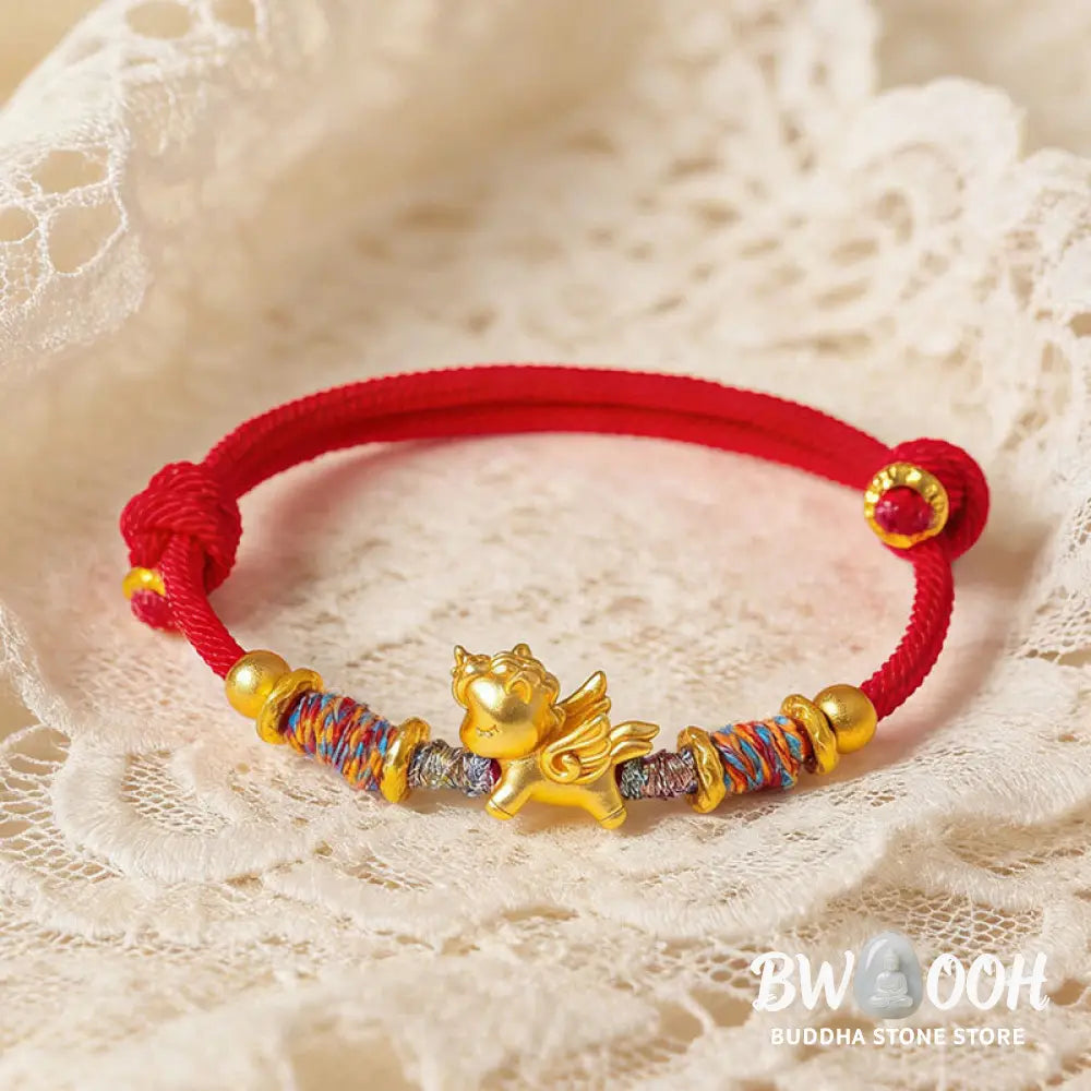 Buddha Stones Year of the Horse 999 Sterling Silver Plated Gold Braided String Rope Protection Bracelet - Bracelet
