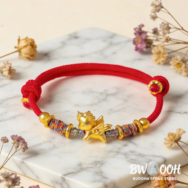 Buddha Stones Year of the Horse 999 Sterling Silver Plated Gold Braided String Rope Protection Bracelet - Bracelet