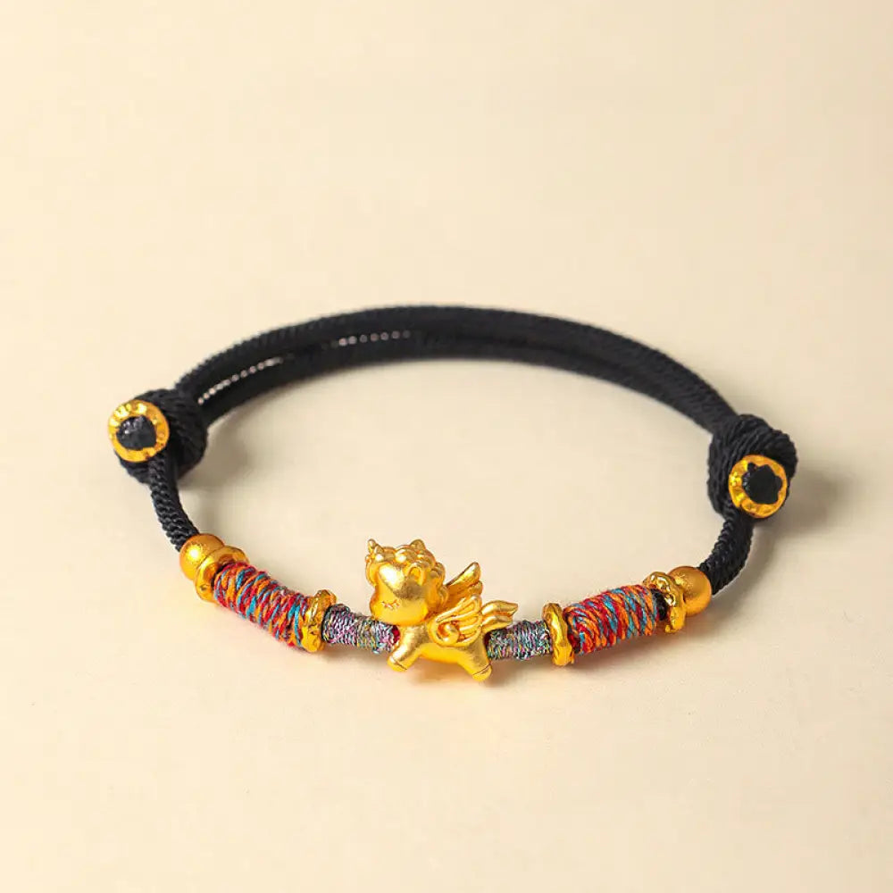 Buddha Stones Year of the Horse 999 Sterling Silver Plated Gold Braided String Rope Protection Bracelet - Black