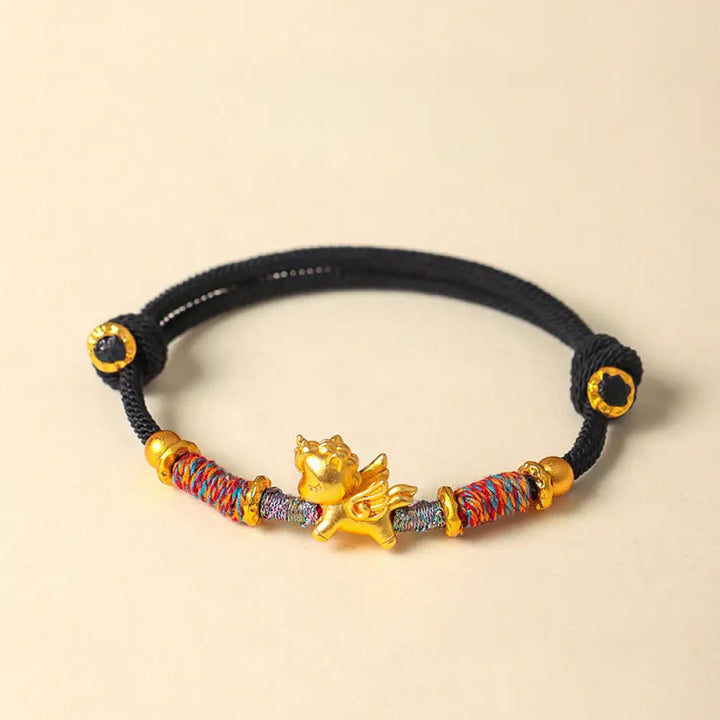 Buddha Stones Year of the Horse 999 Sterling Silver Plated Gold Braided String Rope Protection Bracelet - Black