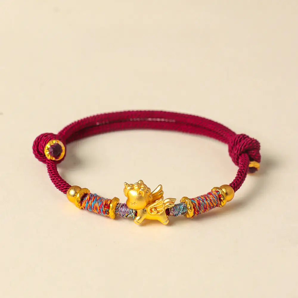 Buddha Stones Year of the Horse 999 Sterling Silver Plated Gold Braided String Rope Protection Bracelet - DarkRed
