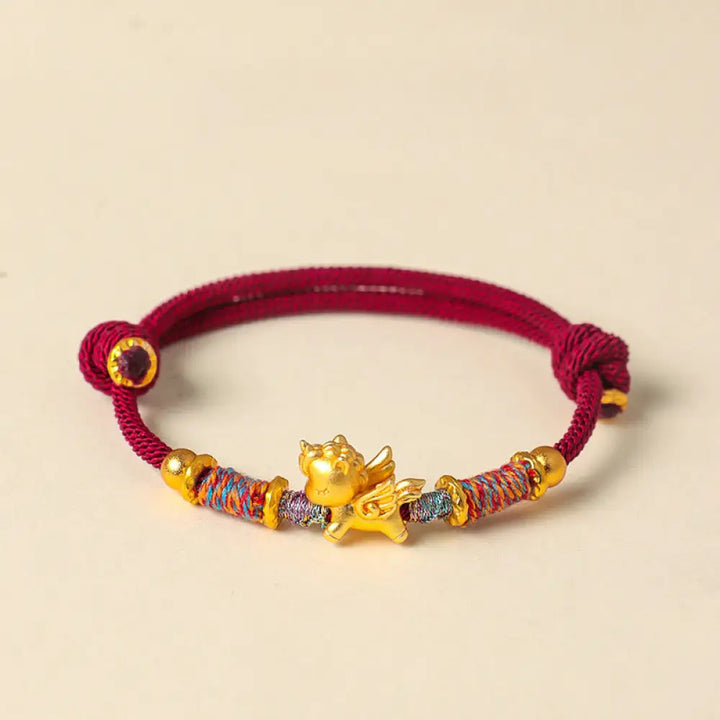 Buddha Stones Year of the Horse 999 Sterling Silver Plated Gold Braided String Rope Protection Bracelet - DarkRed
