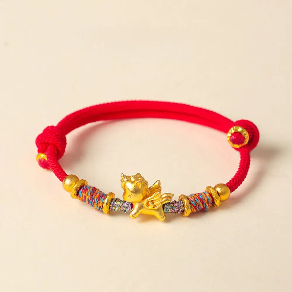 Buddha Stones Year of the Horse 999 Sterling Silver Plated Gold Braided String Rope Protection Bracelet - Red