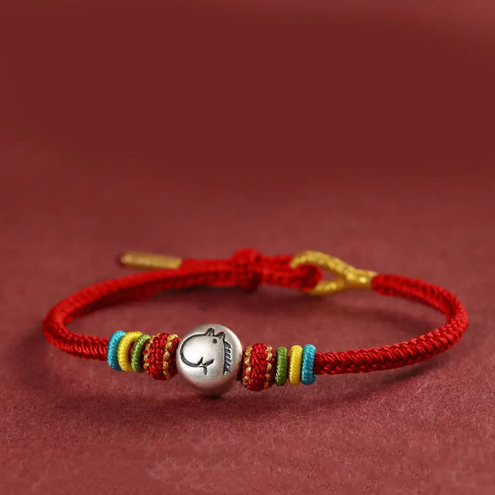 Buddha Stones Year of the Horse 999 Sterling Silver Red String Braided Faith Bracelet - Red(Wrist Circumference